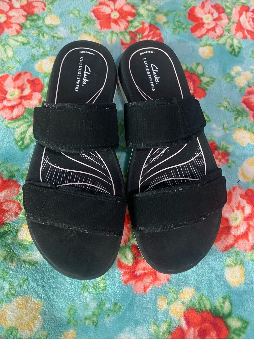 Clarks Black Dual-Strap Cloudsteppers Glide Joy Velcro Sandals Size 12M